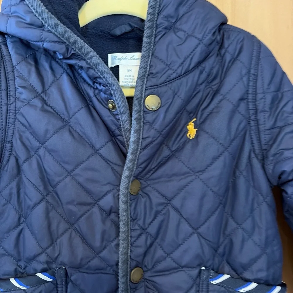 Ralph Lauren Baby Quilted Snowsuit 9M Navy Hooded One-Piece Bunting Unisex